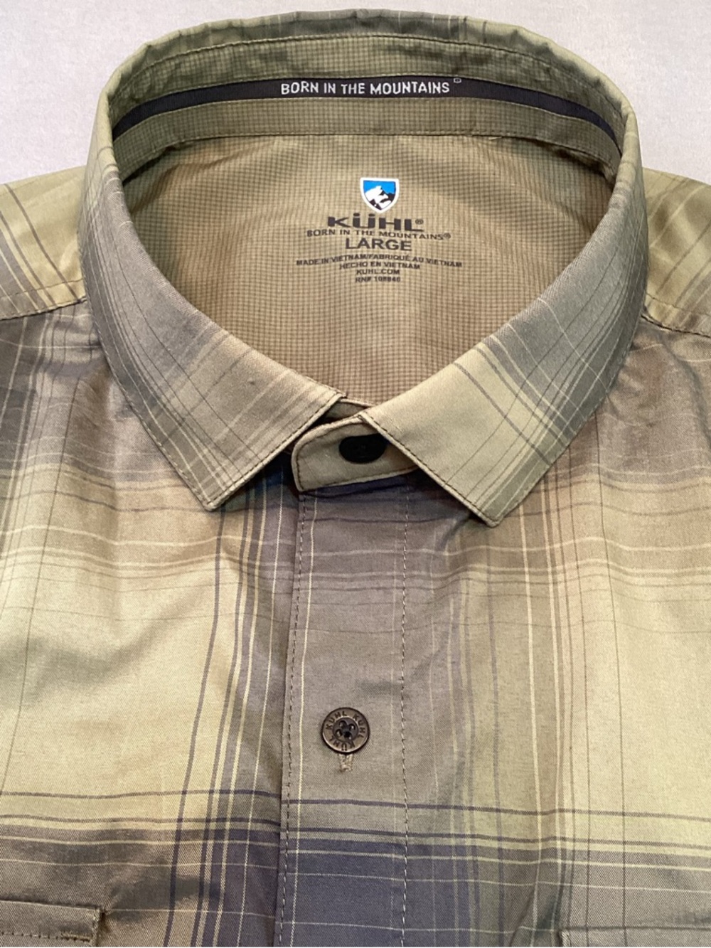 KUHL Mens Plaid Button Up Shirt Large “Born in the Mountains” Olive Green/Blue